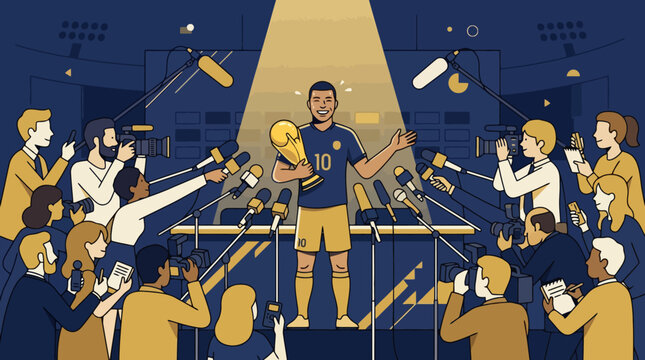 Vector illustration of a champion soccer player holding a trophy at a press conference surrounded by media. EPS Editable
