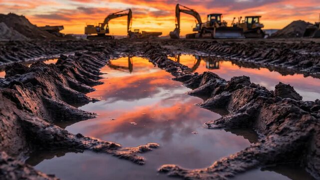 Heavy excavators and bulldozer on muddy construction site at sunset, tire tracks and water reflections, earthworks machinery for infrastructure, building industry and engineering background