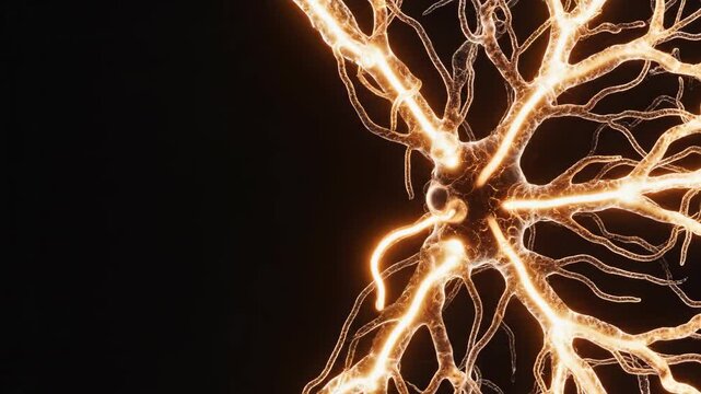 Neuron firing electrical signals through branched dendrites and axons. Biological neural network activity transmitting information in brain. Science medical simulation