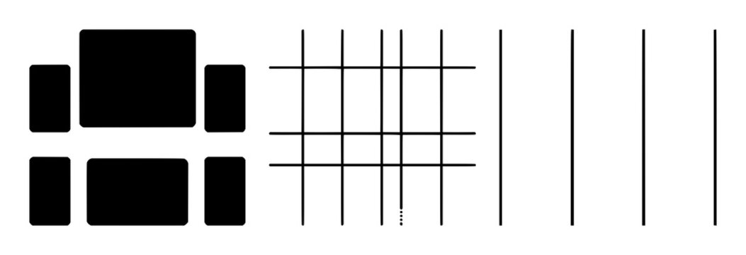 User experience wireframe grid symbol set with a solid black icon featuring web design, website, interface with development and prototype