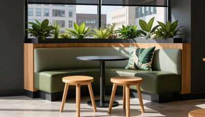 Modern cafe booth seating with plants and city view. Use: cafe decor, office break room, interior design.