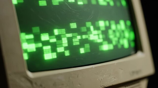 Green digital pixel blocks moving on vintage computer monitor. Retro technology data processing sequence. Old CRT display with retro graphics and electronic output