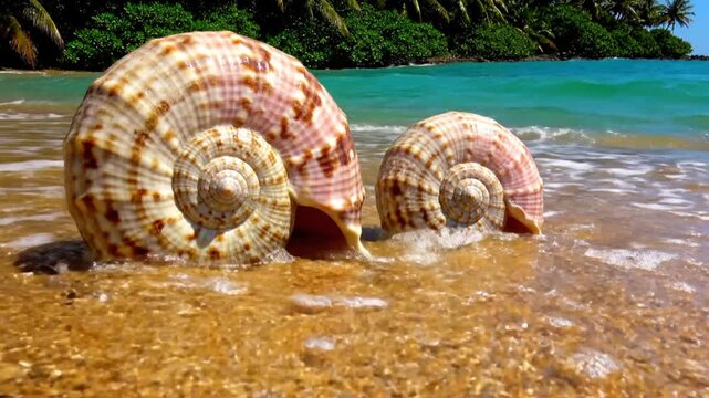 Two beautiful seashells on the sandy shore with clear turquoise water and a wave washing over them on a sunny day