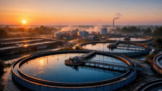 aerial view of misty sunrise over industrial water treatment plant with circular sewage tanks, concept of water management, utilities and environmental engineering