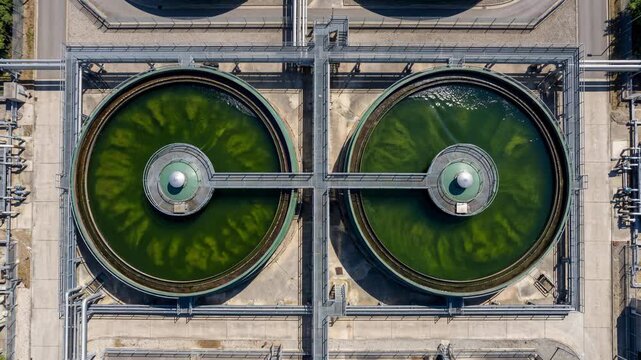 Top down aerial view of wastewater treatment plant with circular clarifier tanks, sewage purification basins and industrial infrastructure for environmental engineering and sanitation video