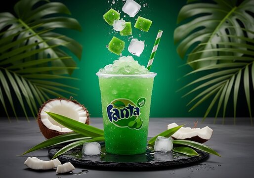 Fresh iced buko pandan drink in plastic cup with tropical coconut garnish.