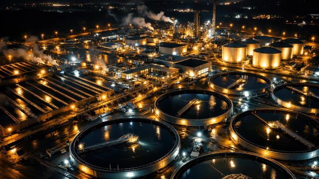 Aerial night view of illuminated chemical plant with water basins, industrial infrastructure and wastewater processing facility for manufacturing, environmental technology and city utility
