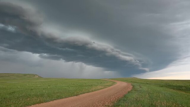 Panoramic view of a dramatic sky with a time-lapse supercell storm in nature.