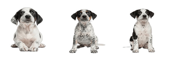 Isolated set of domestic small spotted black and white dalmatian puppy dogs sitting on white background, friendly companion pet animal collection for veterinary clinic health care concept © khan zamna