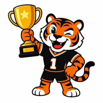 Tiger mascot holding trophy in victory pose on soccer field