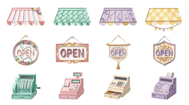 Collection of vintage cash registers and shop signs