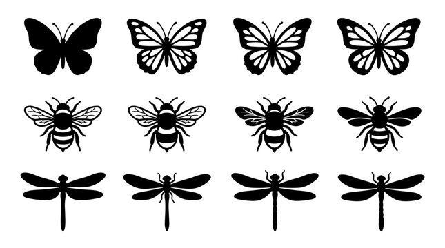 Collection of various black silhouettes of insects and bugs