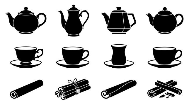 Collection of tea accessories including teapots cups and utensils