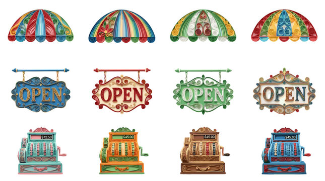 Colorful vintage food trucks with umbrellas and open signs on street