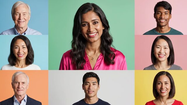 Diverse multiracial group of smiling people in colorful portrait grid collage, positive emotion, inclusion and UGC commercial lifestyle video