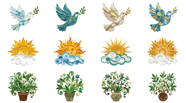 Set of colorful bird, sun, cloud, and plant illustrations for design