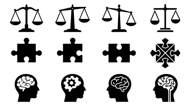 Set of icons representing justice puzzle brain and balance
