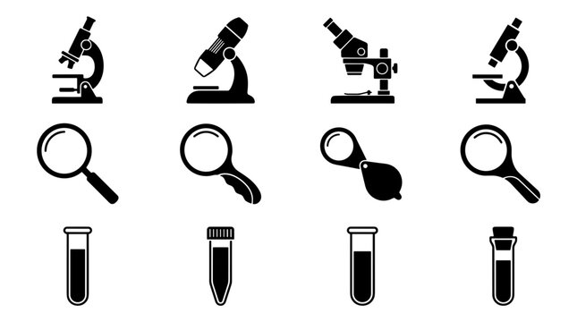 Set of scientific laboratory icons including microscopes and test tubes