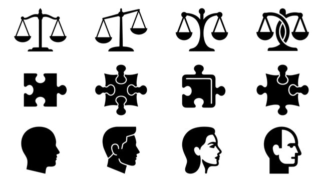 Set of legal and puzzle icons with human profile silhouettes