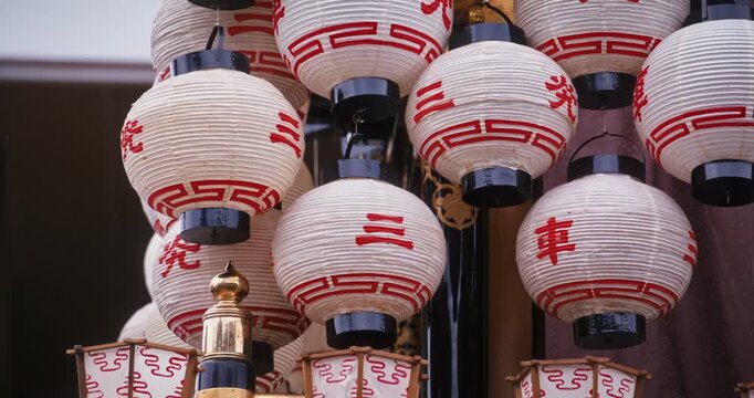 Cluster of hanging, round, japanese lanterns - closeup