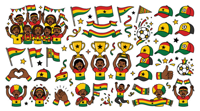 Collection of diverse african children with national flags and symbols