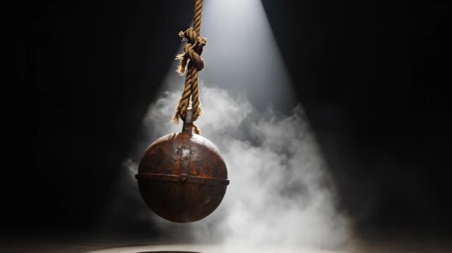 Rusty iron ball swinging on a heavy rope. Heavy industrial wrecking ball pendulum motion against a dark atmospheric background with spotlight and thick white fog
