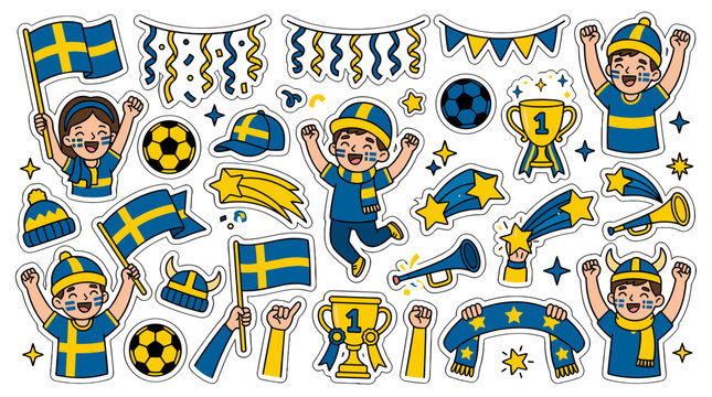 Collection of swedish football fans celebrating with flags and trophies