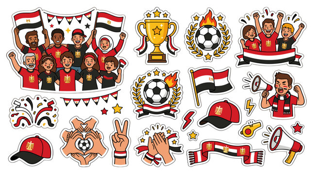 Collection of soccer fans and players celebrating victory and teamwork