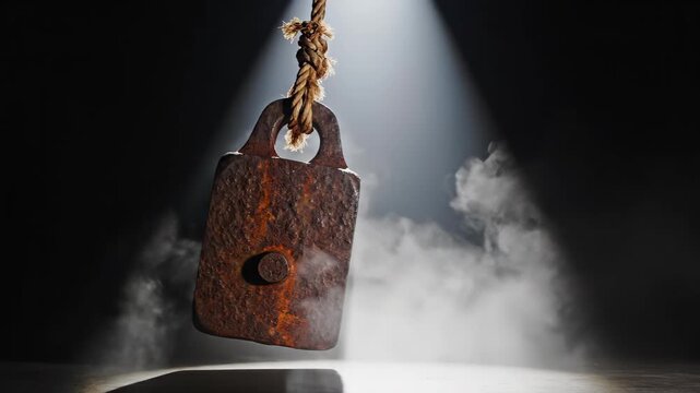 Rusty metal block suspended by rope in spotlight with swirling fog. Industrial weight hanging in dark room for mechanical load testing or construction background