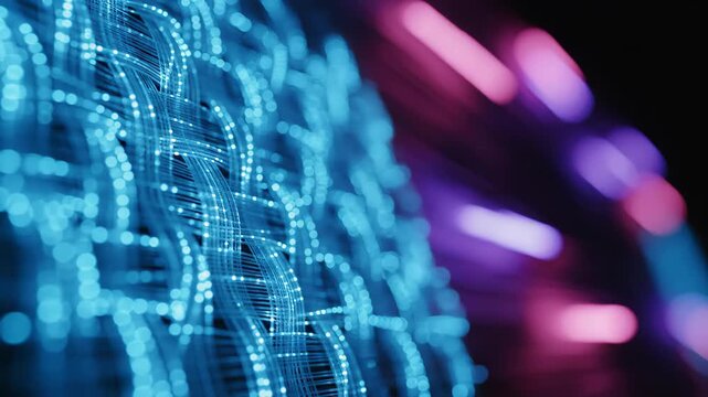 Blue fiber optic cable web showing high speed data transfer. Closeup of interconnected glowing network strands. Connectivity and telecommunication technology concept