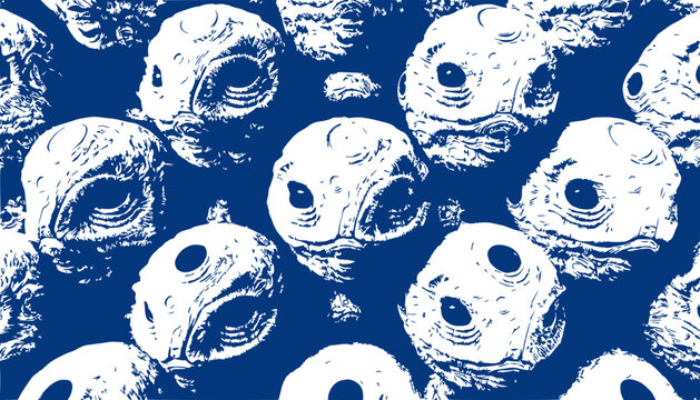 Surreal alien faces pattern on blue background, abstract, sci-fi concept