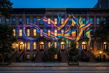 Obraz premium Historic Brownstone Buildings Illuminated with Colorful Light Projections