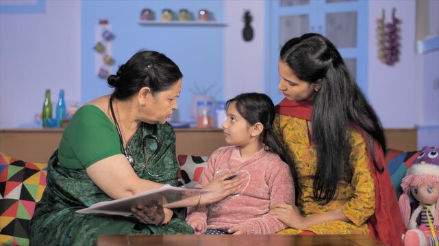 A concerned mother visiting a doctor for her little daughter's treatment. Medium shot of a girl child explaining her symptoms to a lady physician - health and medical care