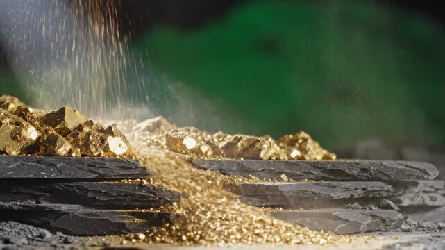 Gold flakes and industrial rock nuggets falling onto a dark stone surface. Mining extraction of precious metal ore and mineral processing for investment wealth