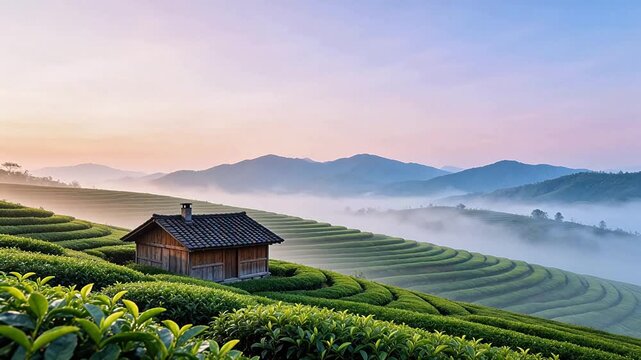 Tea fields with wooden hut and misty mountains