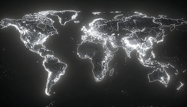Global connections map with glowing cities and light trails showing interconnectedness, digital network visualization