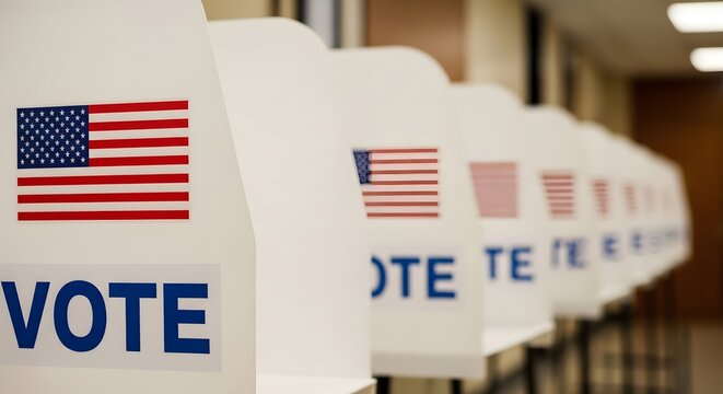American flags and vote signs in a polling place during an election