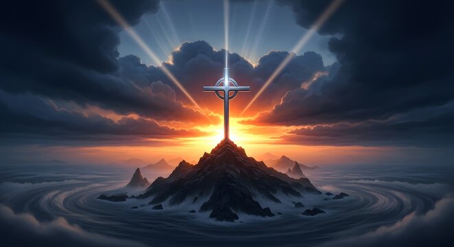 Dramatic religious scene with a silver cross silhouetted against a vibrant sunset and stormy sky
