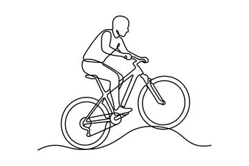 Fototapeta premium Continuous line drawing of a person riding a mountain bike.