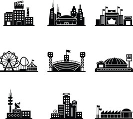 Obraz premium Amusement park and roller coaster, ferris wheel, and stadium lights and communication tower and satellite dish in outline style