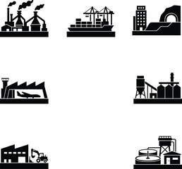 Naklejka premium Industrial and transportation buildings icons set and heavy equipment, supply chain, and industry icon, and factory in outline style