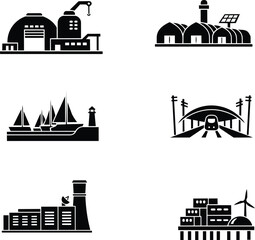 Obraz premium Industrial and transportation icons including factory, port, ships, and train station in outline style
