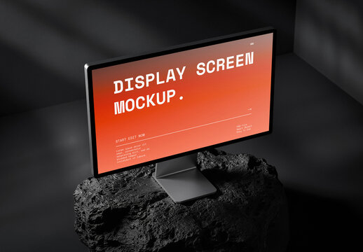 Modern Studio Display Screen Mockup Placed On A Black Stone