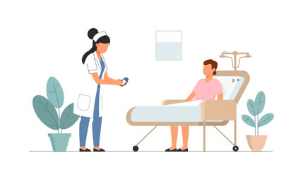 Fototapeta premium Doctor examining sick patient lying in hospital bed with healthcare treatment