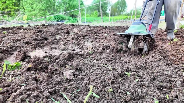 Close-up footage of a gardener preparing a garden bed with a compact power tiller before planting season. Rotating blades loosen and aerate the soil, creating ideal conditions for seed sowing and