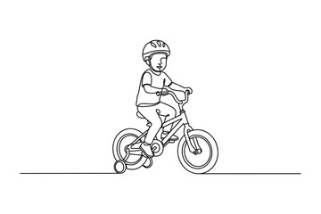 Obraz premium Continuous one line drawing of a little boy riding a bicycle with training wheels.
