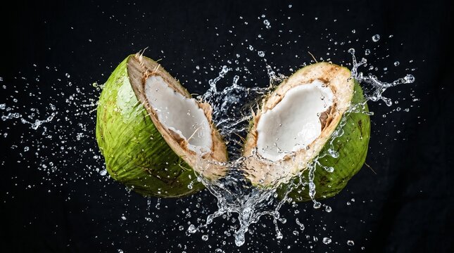 Green coconut split splashing water