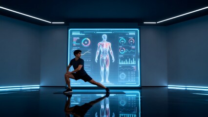 Fototapeta premium Man doing exercise in futuristic room