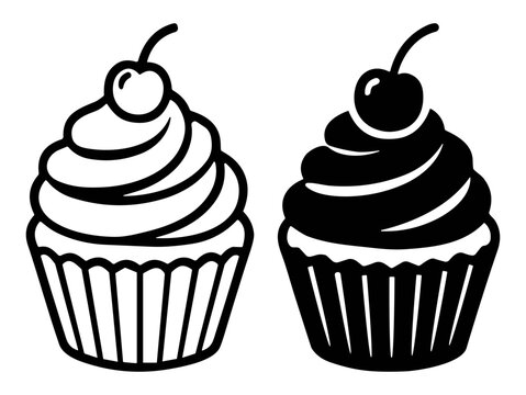 Black and white outline and silhouette of two cupcakes with frosting and a cherry on top on transparent background