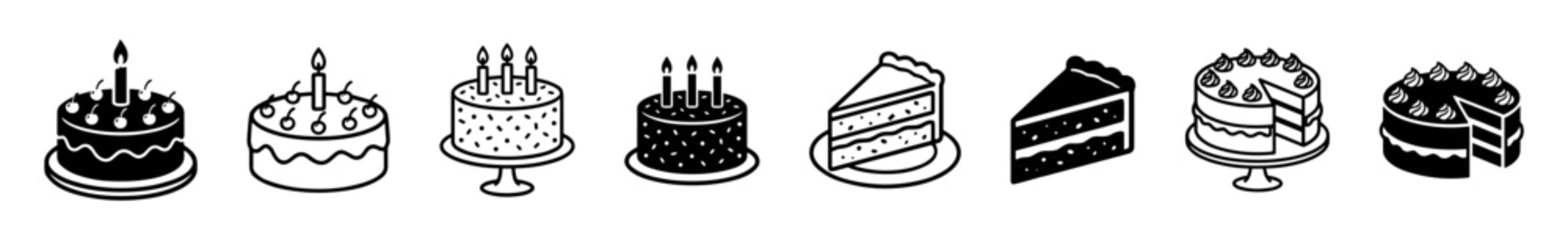 Black and white icons of birthday cakes and slices with candles and decorations on transparent background